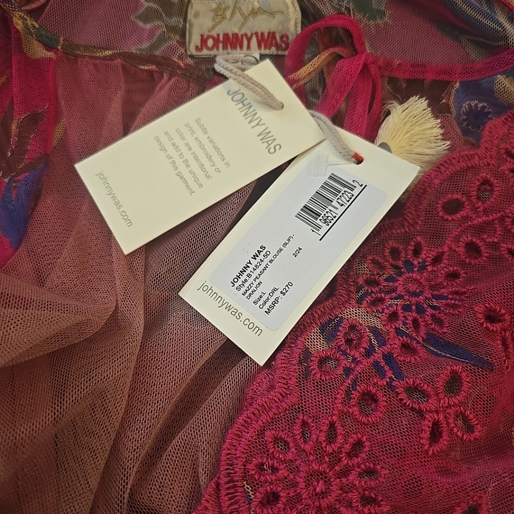 MAZZY JOHNNY WAS PINK FLORAL PLEASANT Blouse NEW TAGS DRALION 2 PIECE Cami L S - Picture 3 of 5